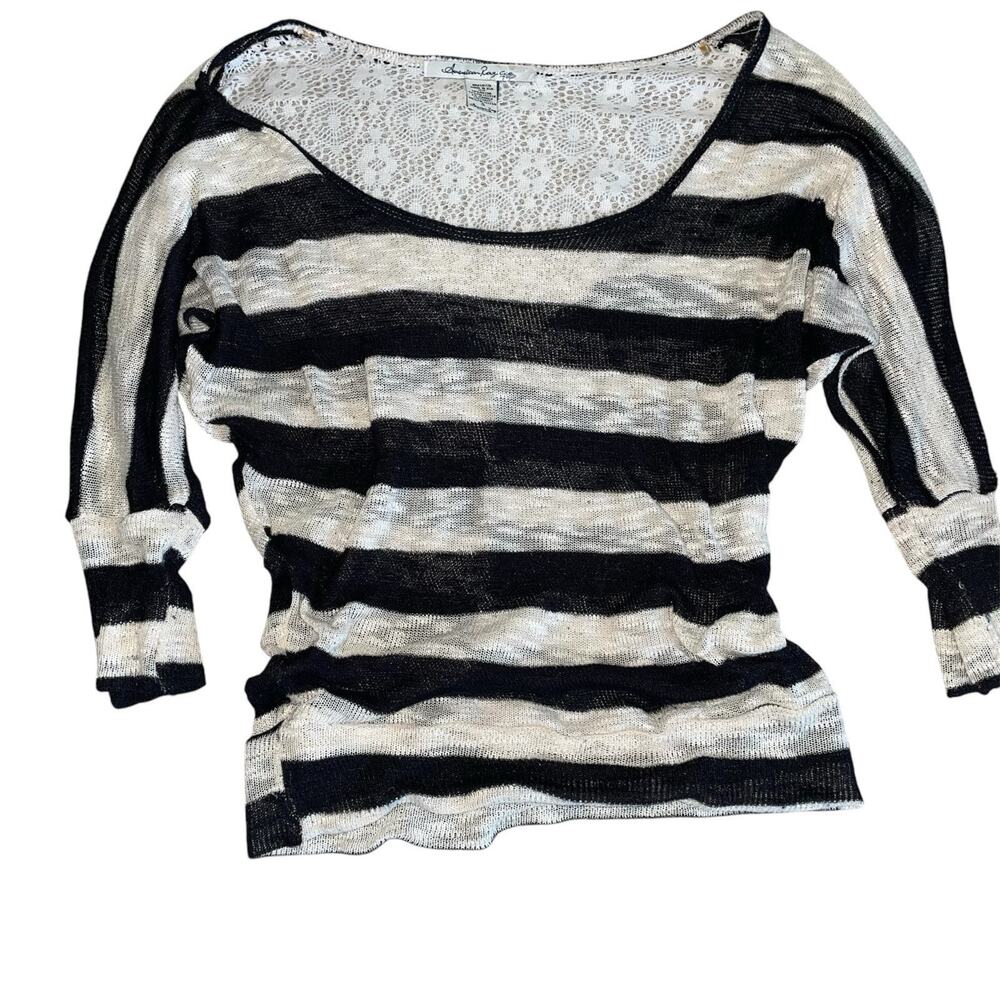 Y2K American Rag Cie Mesh Stripe Sweater Lace Black White Off Shoulder Small
